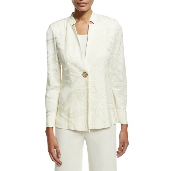 MISOOK Notch Collar Tonal Print Jacket in Cream Petite Size - Picture 2 of 11